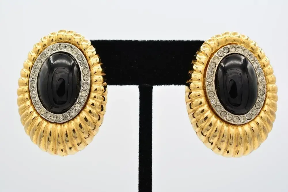 Vintage Black Cabochon Clip On Earrings Rhinestone Crystal Gold Chunky 80s BinAF